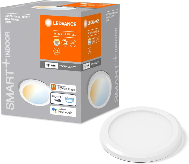 LEDVANCE SMART+ WIFI Unterschrankleuchte, rund, weiss, 6,5W, 375lm, 83mm, regulierbares Weisslicht,