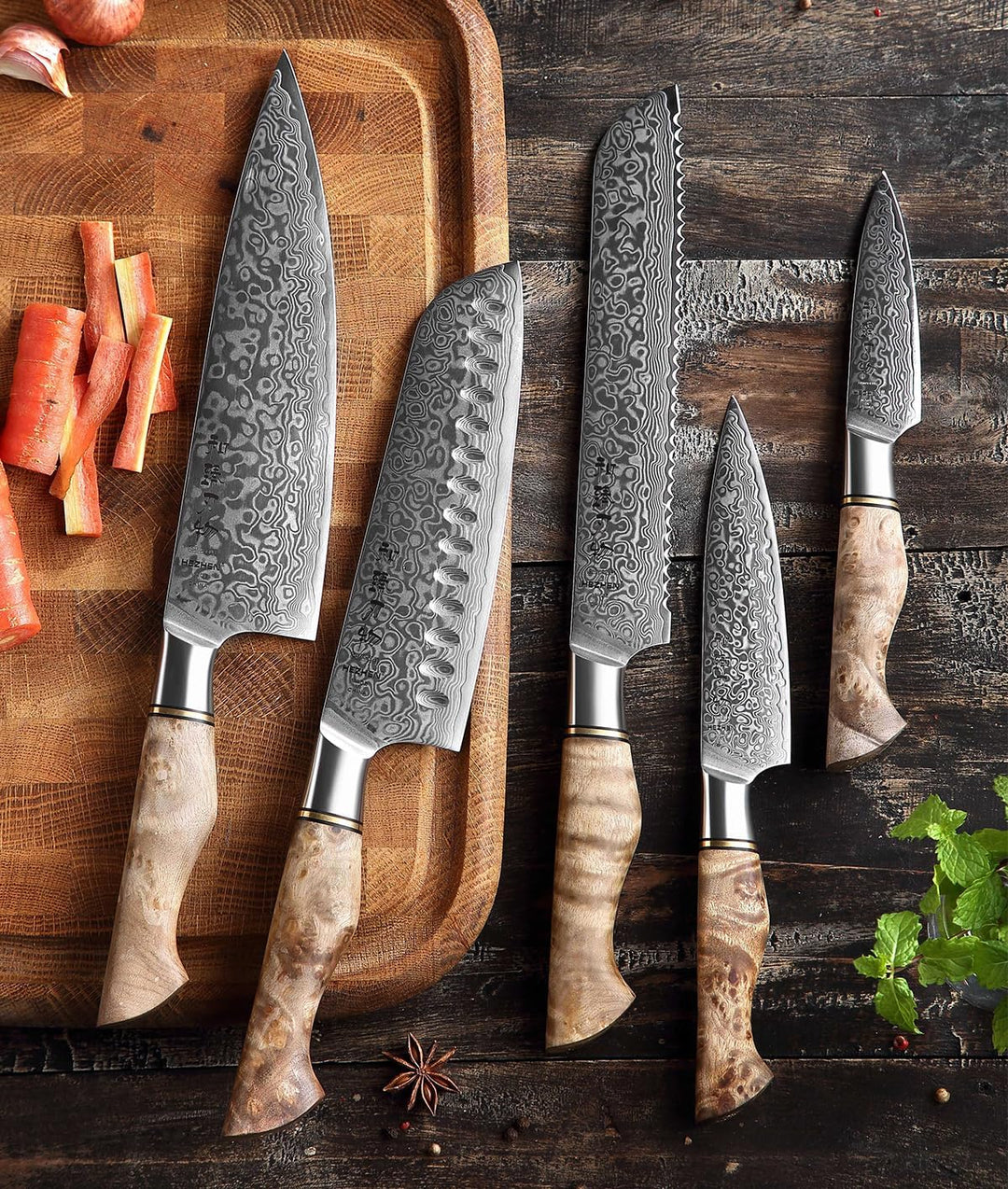 HEZHEN Damast Messer Set 5PCS, Japanischen Stil Damaskus Stahl Küchenmesser Santoku, Brot Universalm