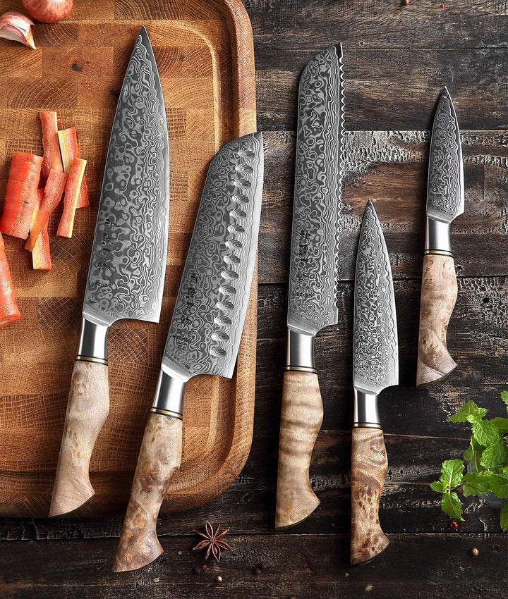 HEZHEN Damast Messer Set 5PCS, Japanischen Stil Damaskus Stahl Küchenmesser Santoku, Brot Universalm