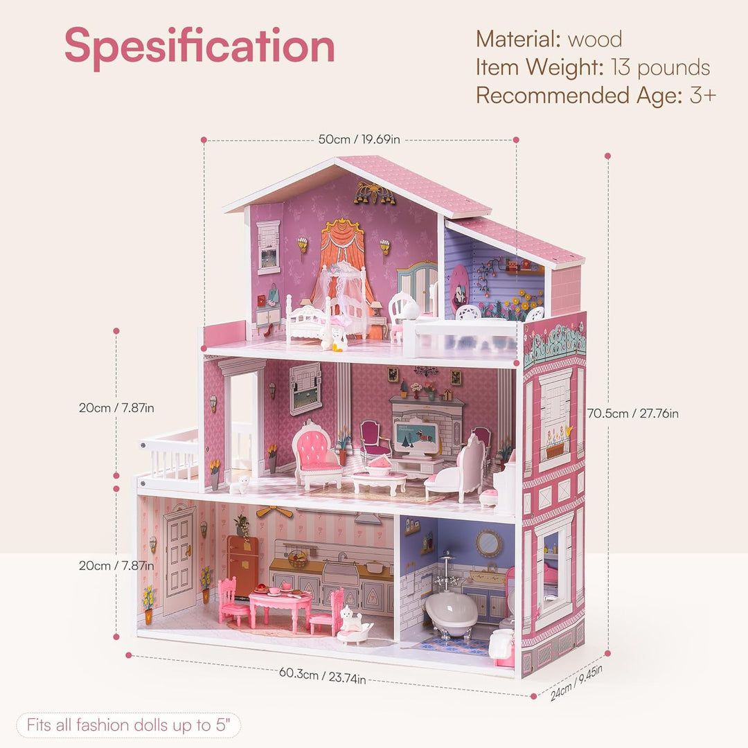 ROBUD hölzernes Puppenhaus Spielset, 3 Geschichten, 5 Zimmer, 24 PCS Möbel, vorgeben Spiel Spielzeug