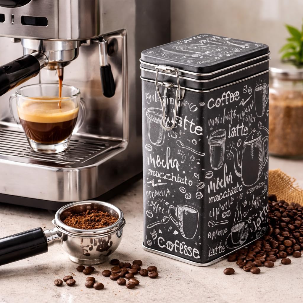 Rechteckige Kaffeedose im Vintage-Stil, schwarz/weiss, Retro-Blechdose für die Küche, hermetisch abg