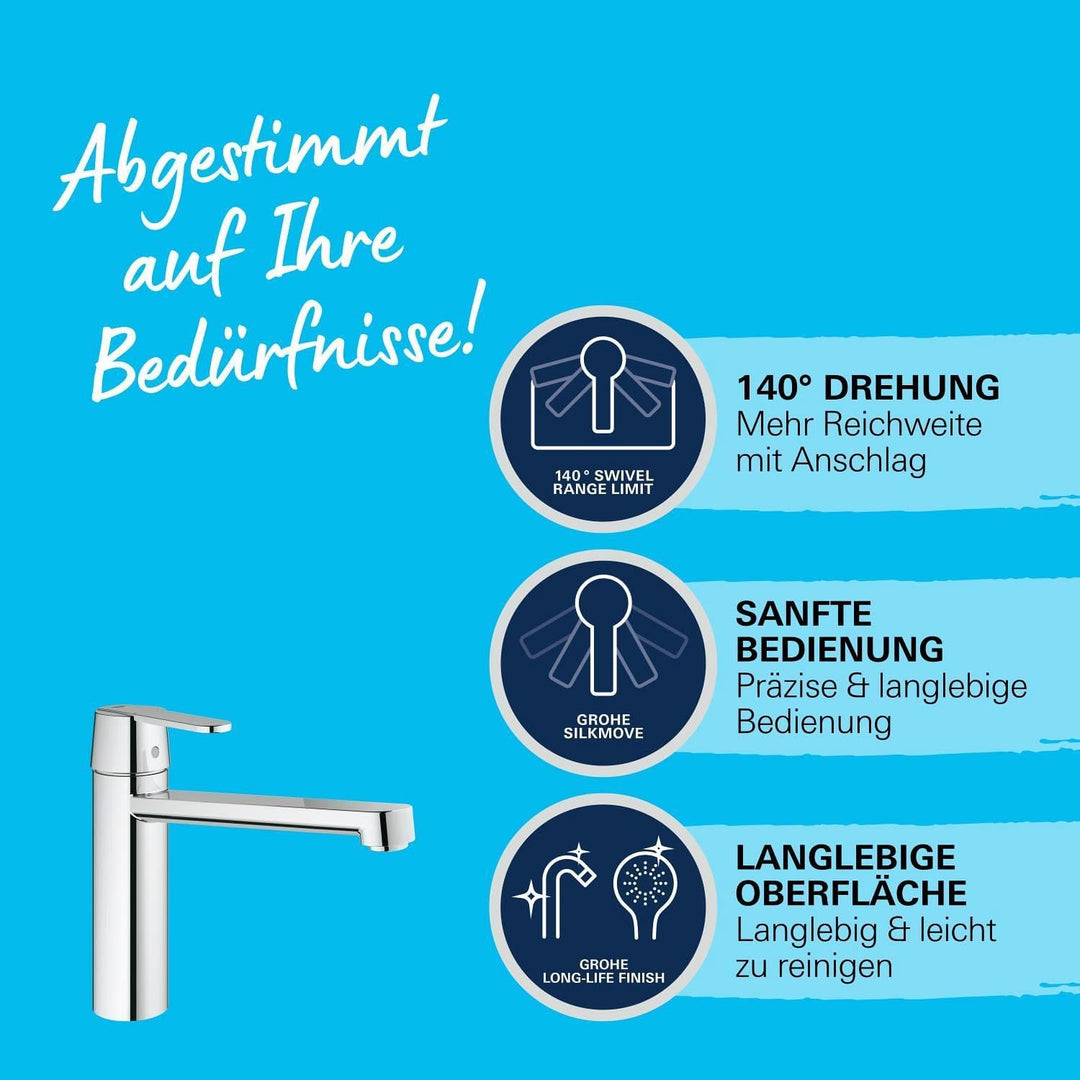 GROHE Get - Einhand- Spültischarmatur (mittelhoher Auslauf, Schwenkbereich 140°, Einlochmontage), ch