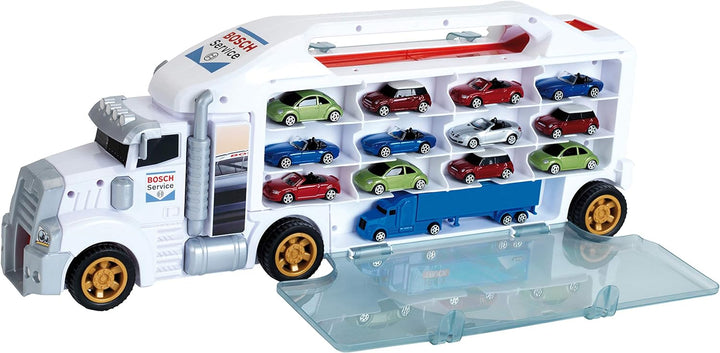 Klein Theo 2837 Bosch Car Service Sammelkoffer Truck mit integrierter Abfahrtsrampe | 26 Staufächer
