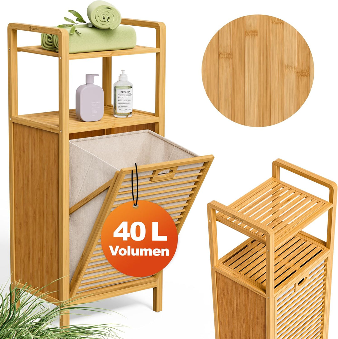 CASARIA® 2er Set Badregal mit Wäschekorb 80 L Wäschesammler Bambus Holz 96x40x30cm Wäschesack Heraus