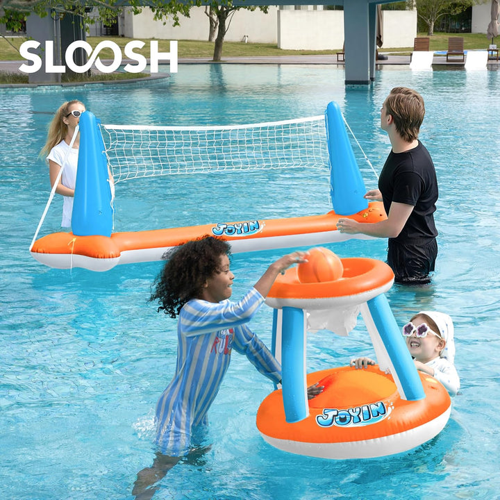 JOYIN Aufblasbare Pool Float Set, Volleyballnetz & Basketballkörbe & Bälle für Kinder und Erwachsene