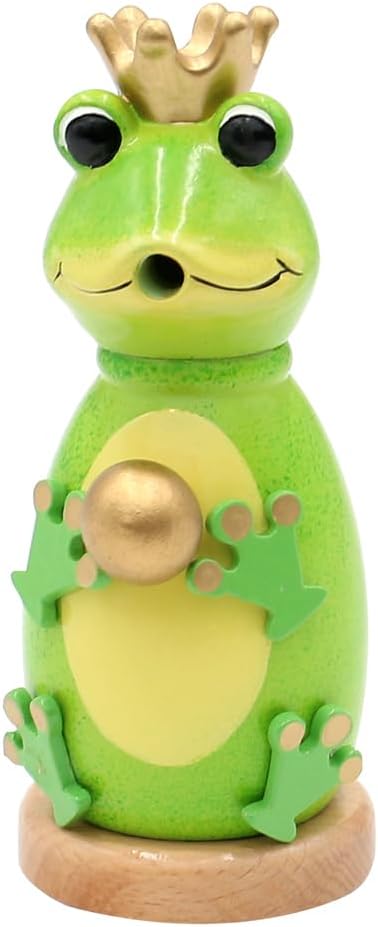 Holz Räuchermann, Räucherfigur, Räuchermännchen als Froschkönig mit Krone und Goldener Kugel in grün