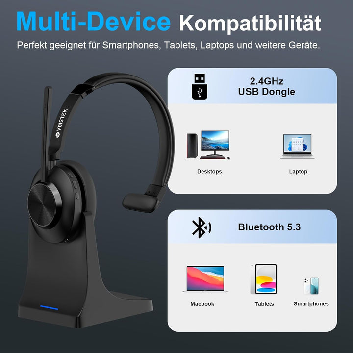 Voistek Kabelloses Bluetooth Headset mit Mikrofon & Rauschunterdrückung, USB Dongle für PC, Ladestat
