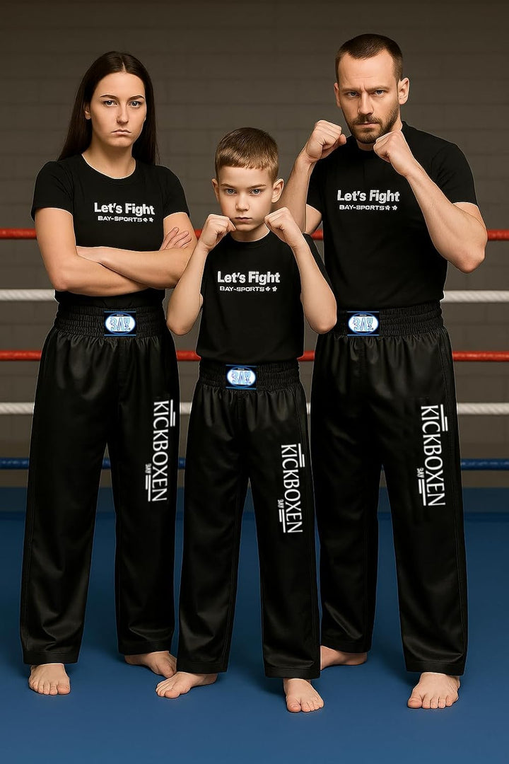 BAY® "EDEL Stick Kickboxhose, komplett schwarz, gestickter Schriftzug Kickboxen, Thaiboxhose lang, H