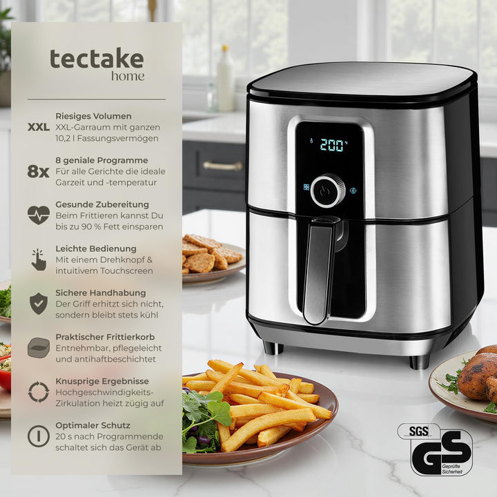tectake® Heissluftfritteuse XXL -90% weniger Öl, 10,2l Fassungsvermögen, Touchscreen-Display, Airfry