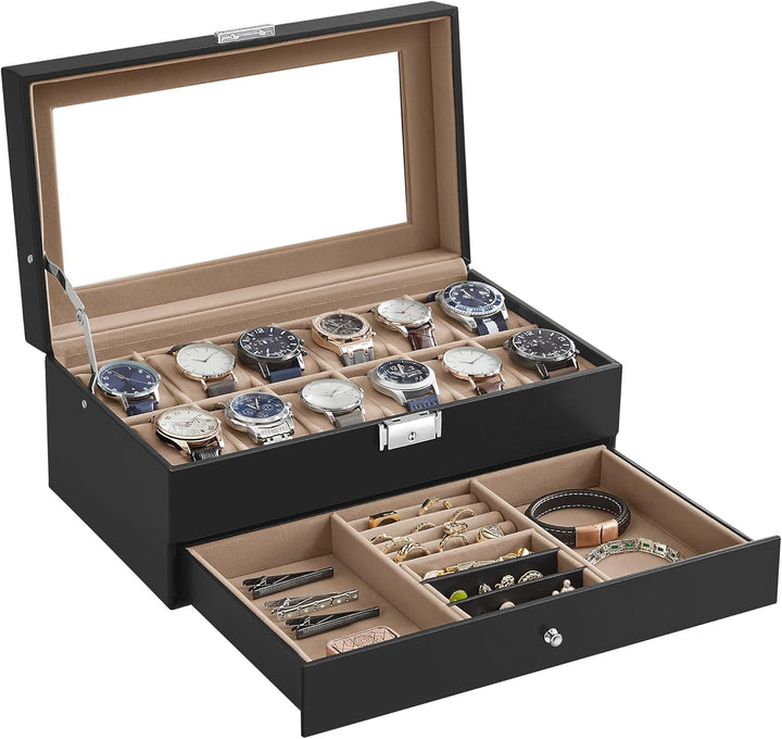 SONGMICS Uhrenbox mit 2 Ebenen, Uhrenkasten, 12 Fächer und 1 Schublade, Glasdeckel, Uhrenkoffer, für