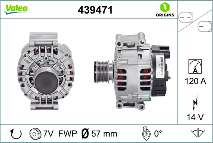 VALEO 439471 Generator Ladestrom des Generators: 120 Amp Rippen: 7 rippen Riemenscheibe Ø: 57 mm Spa