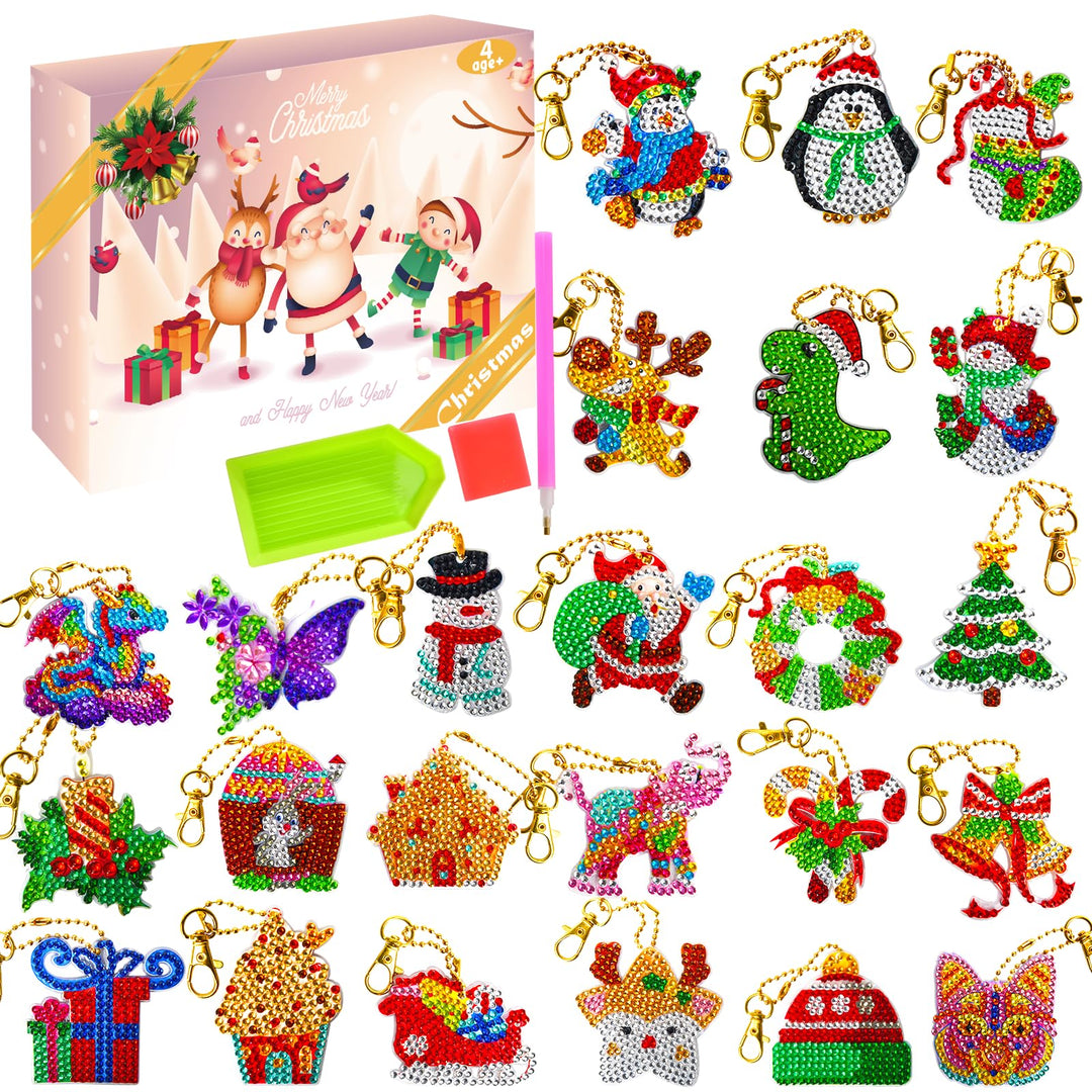 Adventskalender 2025 für Kinder, 24 Stück, DIY-Diamantmalerei, Schlüsselanhänger-Kits, Weihnachts-Co