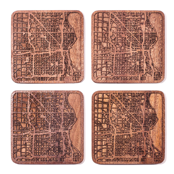 Milwaukee Untersetzer mit Landkarte aus Sapeli-Holz, 4 Stück, mit Stadtkarte, mehrere Stadt optional