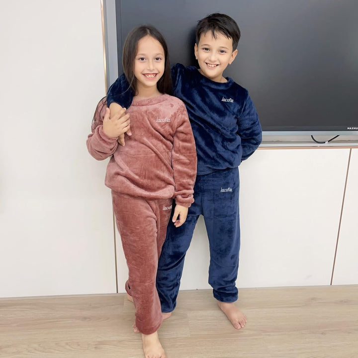 LACOFIA Kinder Jungen Mädchen Schlafanzüge Warme Polar Fleece Pyjama Set Kleinkind Winter Langarm Ha
