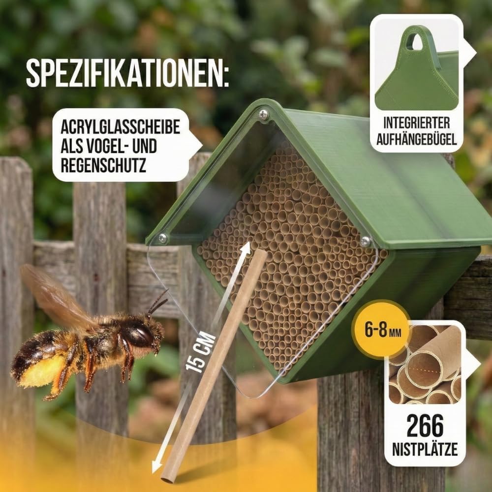 BEESI Insektenhotel für Wildbienen – Wetterfeste Nisthilfe mit 266 auswechselbaren Nisthülsen – Lang
