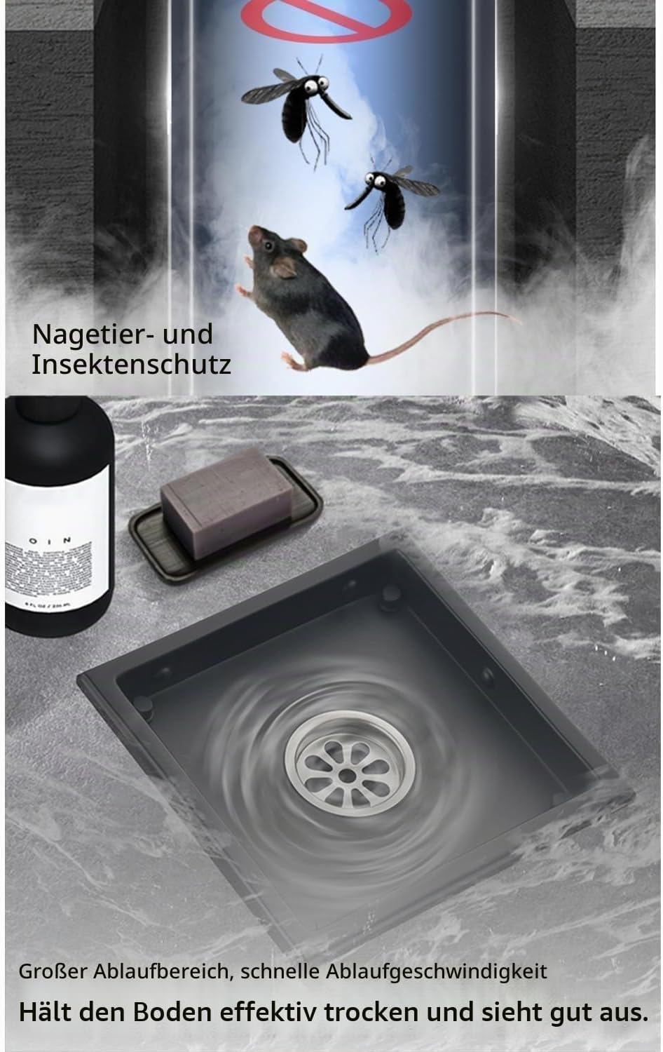 Duschrinne Quadratisch Edelstahl Bodenablauf,15x15 cm Schwarz Bodenablauf Dusche,Haarfilter 2 in1 Be