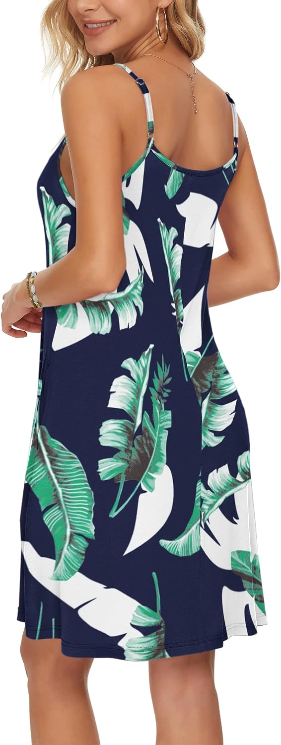 WNEEDU Damen Kleid Sommer Spaghettiträger Sommerkleid Kurze Strandkleider V Ausschnitt Leichte Freiz
