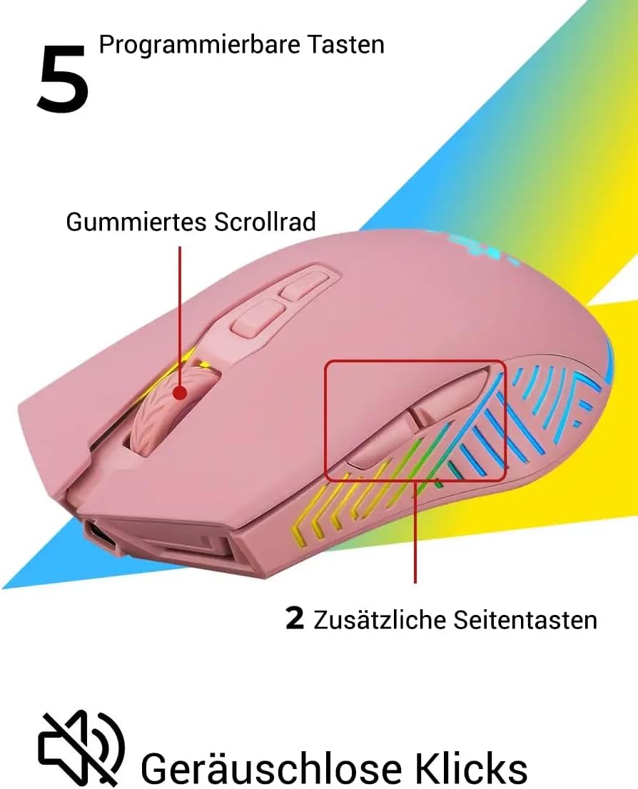 Defender® Pandora Kabellose Gaming Maus - Geräuschlose Klicks - 5 programmierbare Tasten - RGB-Beleu