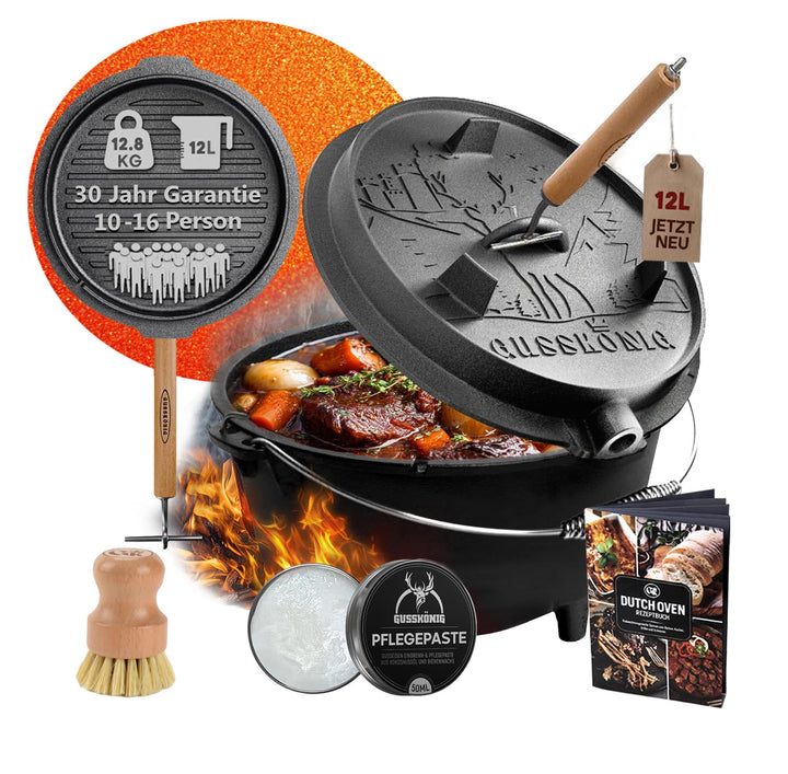 Dutch Oven Set - Eingebrannter Dutch Oven 12 Liter [10-16 Person]-Feuertopf Gusseisen mit Füssen-Sch