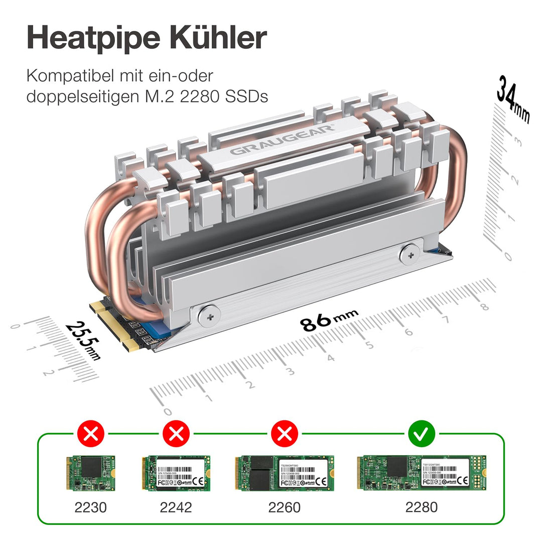 GRAUGEAR| M.2 NVMe SSD (2280) Heatpipe-Kühlkörper | lautloser Kühler | reduziert die Temperatur um b