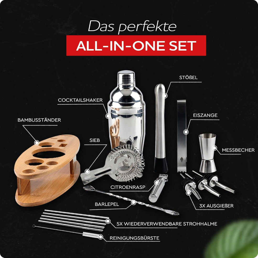 Cocktail Shaker Set 16-teilig aus Edelstahl | Barset für Barkeeper & Anfänger | Cocktail Zubehör ink