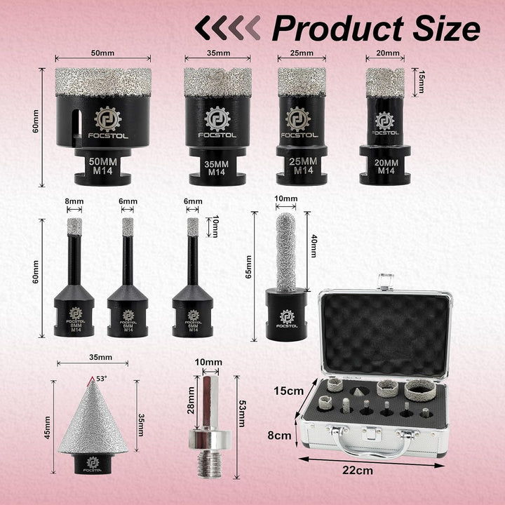 FOCSTOL Diamant Fliesenbohrer Set - 6/6/8/20/25/35/50mm+10mm Fingerfräser+35mm Fasenbohrer+Sechskant