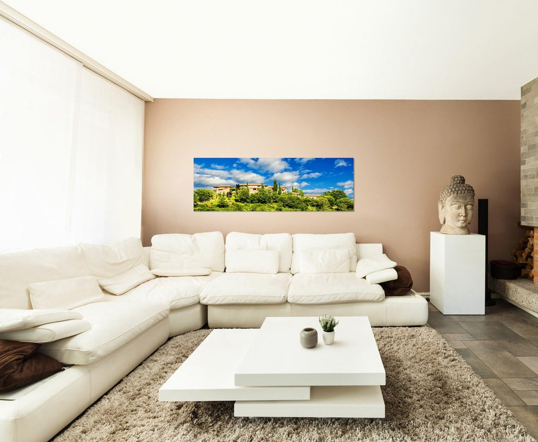 Paul Sinus Art Panoramabild auf Leinwand und Keilrahmen 120x40cm Toskana Dorf Bäume Wolken Sommer
