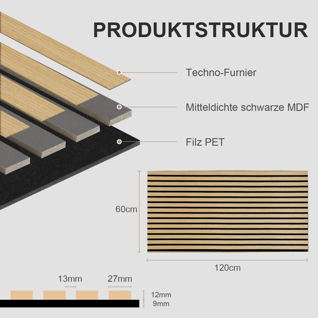 Akustikpaneele Holz 1,44㎡ - 2er Set 120x60cm Natürliche Eiche Wandpaneele, 3D Wandverkleidung für Wo