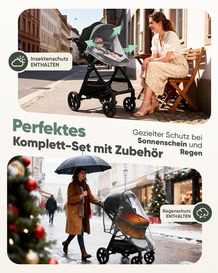Sekey Kombi Kinderwagen Baby 3 in 1 Komplettset mit Regenschutz und Moskitonetz, Kinderwagen mit Lie