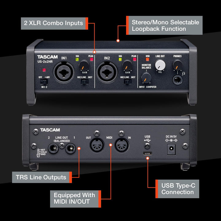 Tascam US-2X2HR USB-Audio-/MIDI-Interface (2 Eingänge, 2 Ausgänge) US-2x2HR US-2x2HR Single, US-2x2H