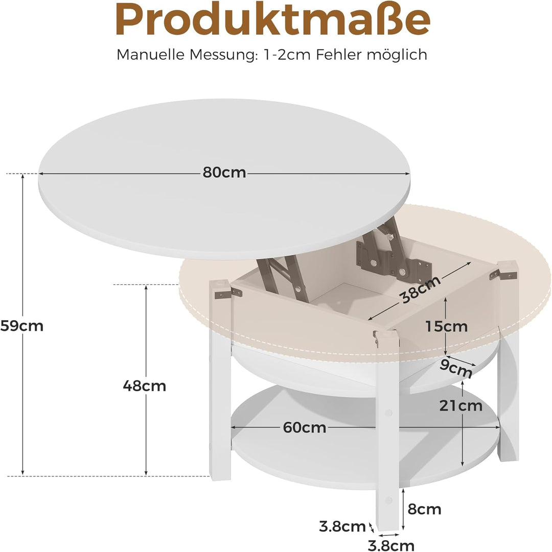 ELUCHANG Couchtisch Rund mit Hebeplatte, Couchtisch Höhenverstellbarer 2 in 1, Beistelltisch Wohnzim