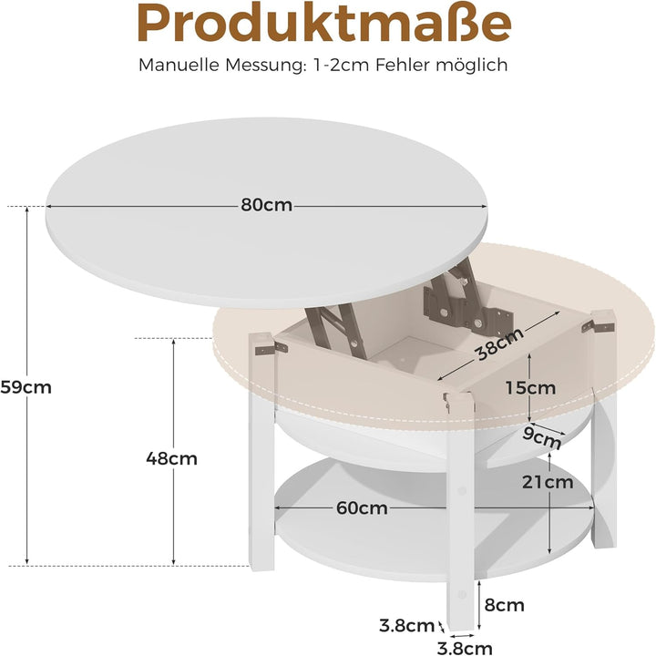 ELUCHANG Couchtisch Rund mit Hebeplatte, Couchtisch Höhenverstellbarer 2 in 1, Beistelltisch Wohnzim