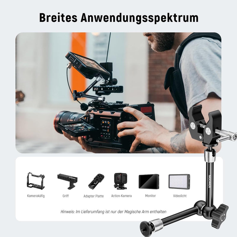 NEEWER Klemme mit 1/4" und 3/8" Gewinde und 25cm verstellbarem Magic Arm mit 1/4" Schrauben für Blit