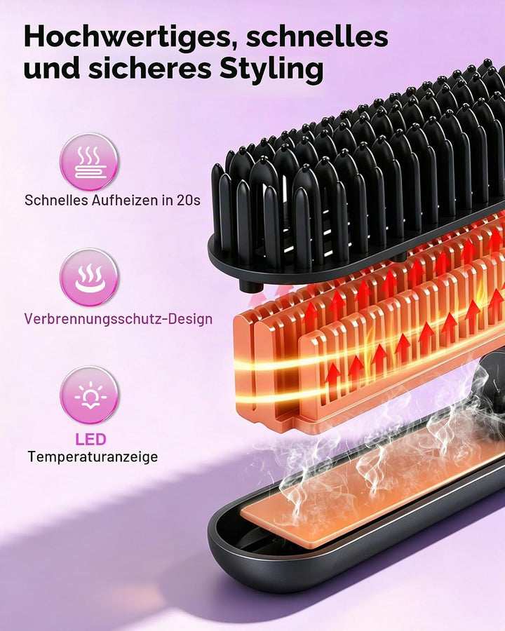 Kabellose Glättbürste mit Akku, Ionen Haarglätter Bürste 160–200°C, 3 Temperaturstufen, LED Display,