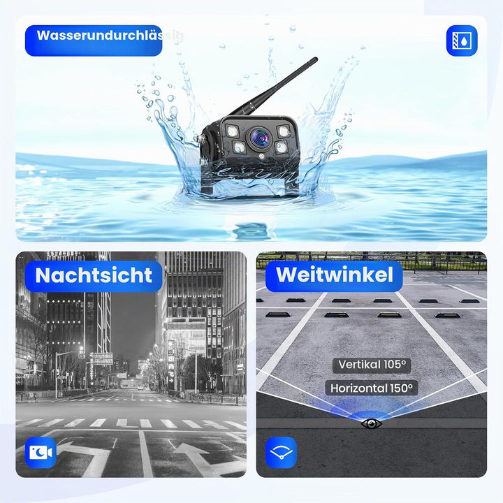Hodozzy Rückfahrkamera Kabellos Set, 9 Zoll IPS Monitor mit Toter-Winkel-Warnung, Wasserdicht, Weitw