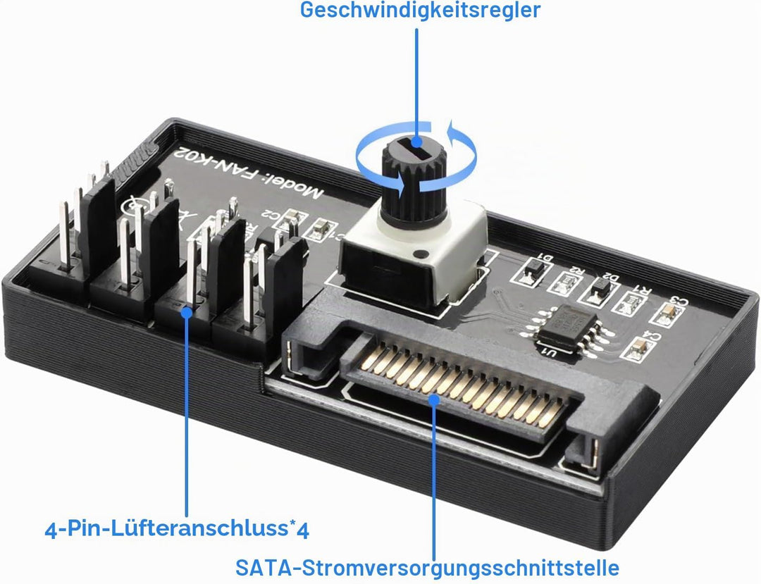 12V 4Pin PWM-Lüftergeschwindigkeitsregler, unterstützt 4 Lüfter, PC-Lüfter-Hub mit SATA-Stromversorg