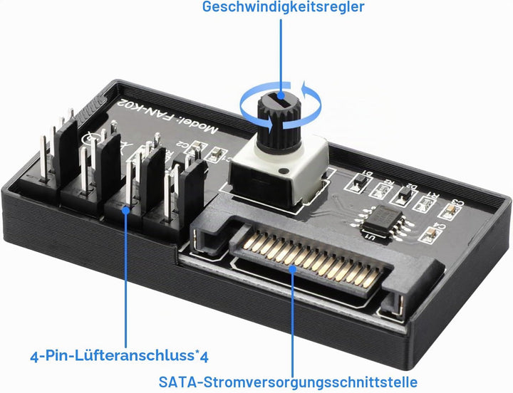 12V 4Pin PWM-Lüftergeschwindigkeitsregler, unterstützt 4 Lüfter, PC-Lüfter-Hub mit SATA-Stromversorg