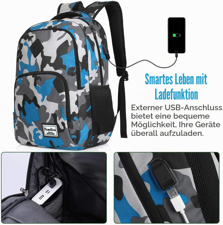 YAMTION Rucksack Jungen Teenager,Schulrucksack mit USB-Ladeanschluss und 15.6 Zoll Laptopfach für Sc