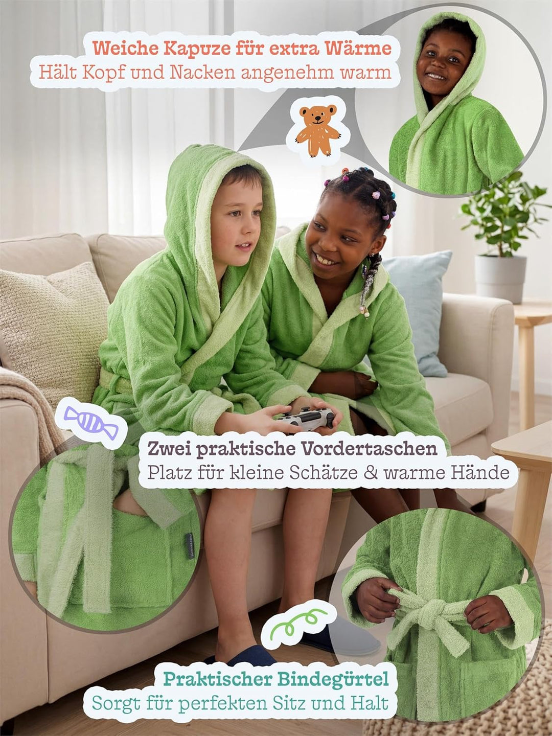 normani Kinder-Bademantel aus 100% Bio-Baumwolle mit Kapuze | Frottee Kapuzenbademantel mit oder ohn