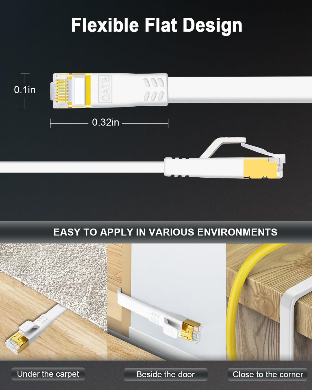 HUGIN Cat 8 LAN Kabel 15M, 40Gbps 2000MHz Hochgeschwindigkeits Netzwerkkabel Flach, Gigabit RJ45 POE
