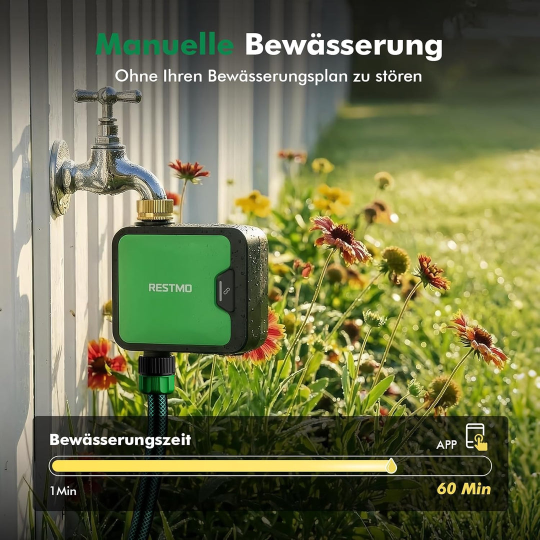 RESTMO 1 Zone Bewässerungscomputer WLAN + RF Hub mit Durchflussmesser, Automatische Garten Bewässeru