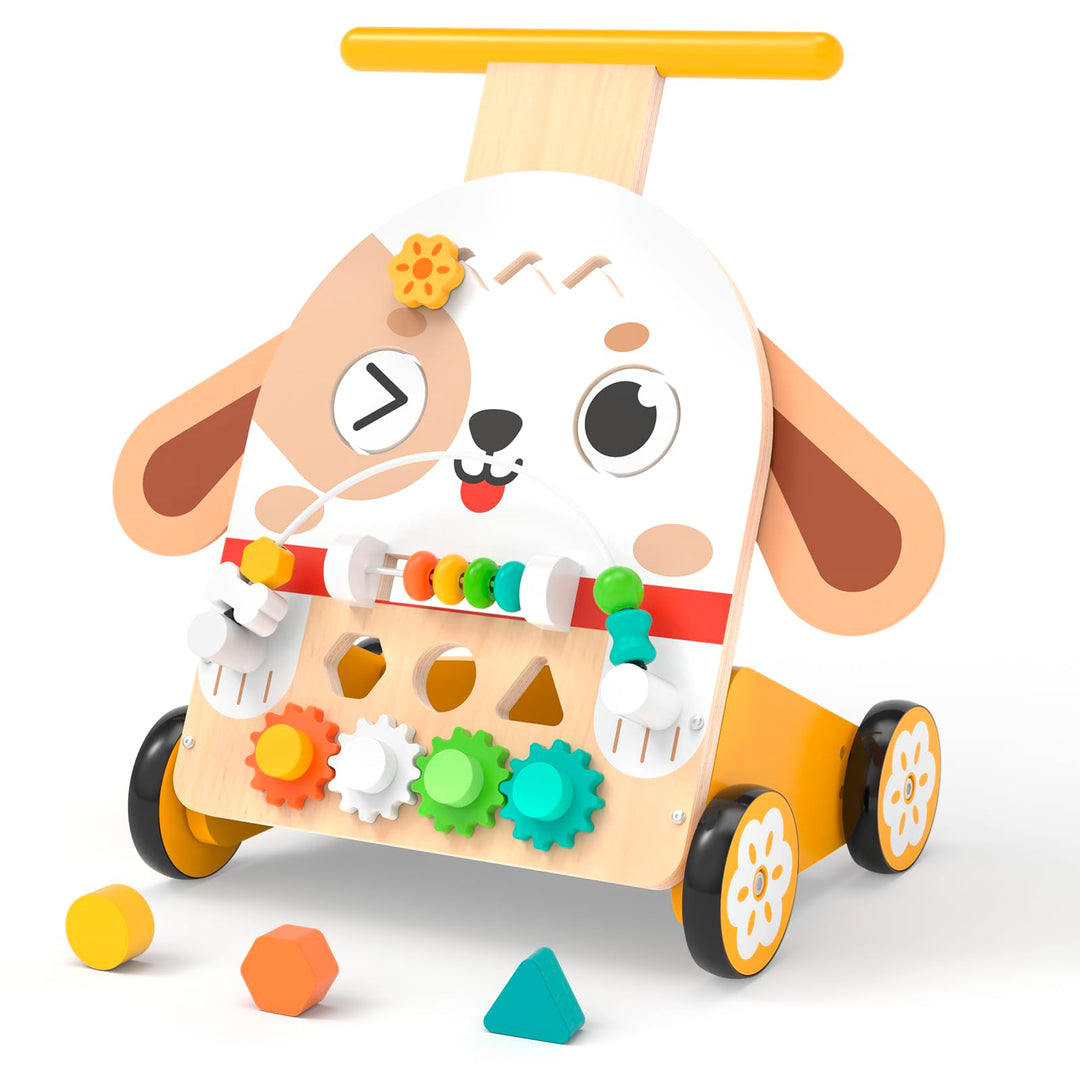 Lauflernwagen Holz Hund Montessori 6-in-1, Motorikwürfel | Lauflernwagen im niedlichen Hunde-Design,