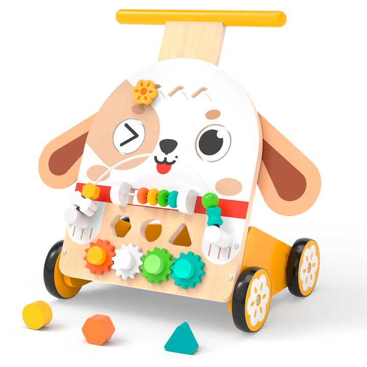 Lauflernwagen Holz Hund Montessori 6-in-1, Motorikwürfel | Lauflernwagen im niedlichen Hunde-Design,