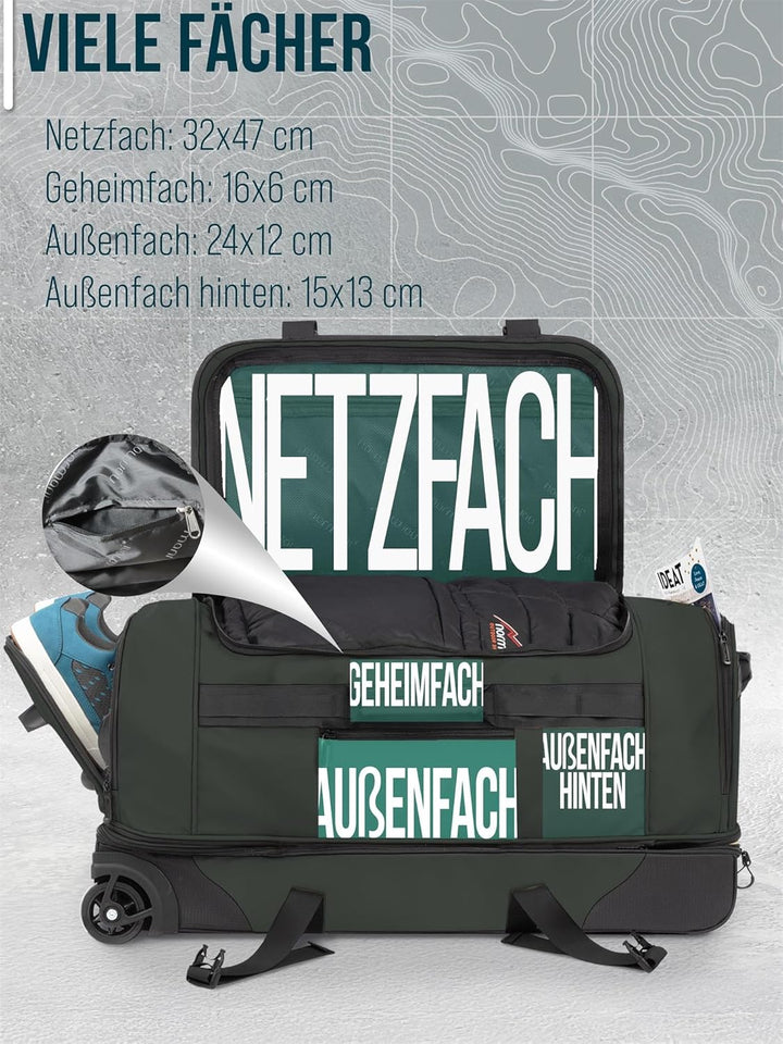 normani XXL Reisetasche 100-120 Liter 2-Rad Trolley gross Weichgepäck Travel Bag mit Rollen und 8 Fä