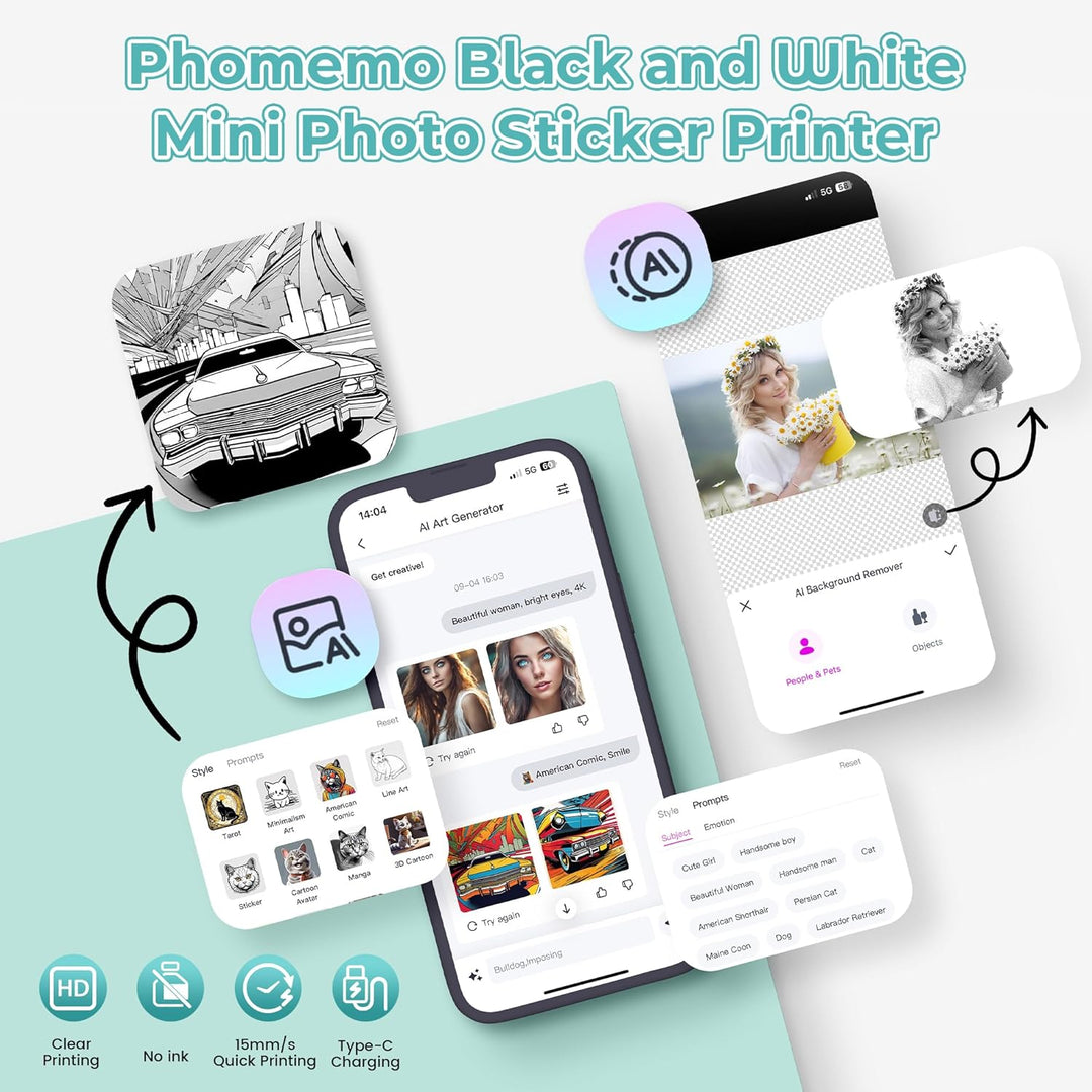 Phomemo Mini Drucker T02,Handy Fotodrucker für Mobiler,Sticker Thermodrucker für Kindertag Geburtsta