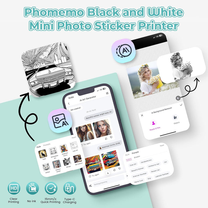 Phomemo Mini Drucker T02,Handy Fotodrucker für Mobiler,Sticker Thermodrucker für Kindertag Geburtsta