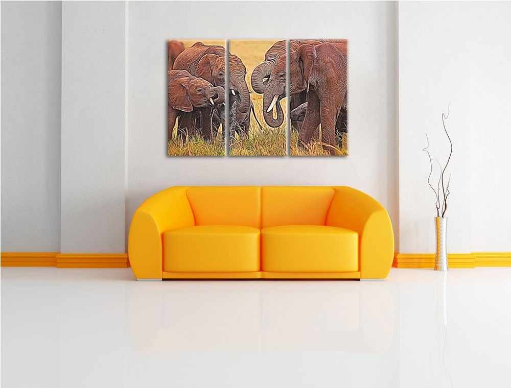 Elefantenhorde am Wasserloch NewArt 3-Teiler Leinwandbild 120x80 Bild auf Leinwand, XXL riesige Bild