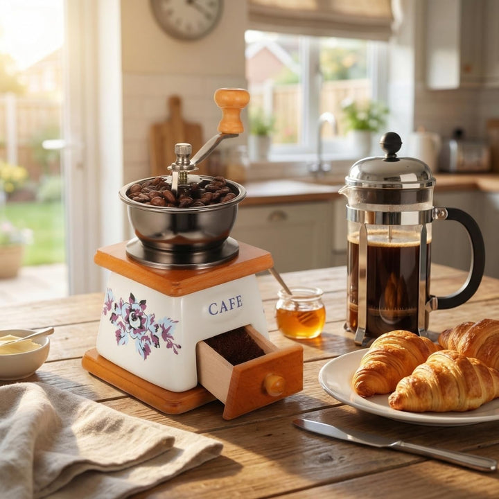 ABOOFAN Retro-Kaffeemühle, Vintage-Handkaffeemühle mit Handkurbel, Holzschublade, Espressomühle für