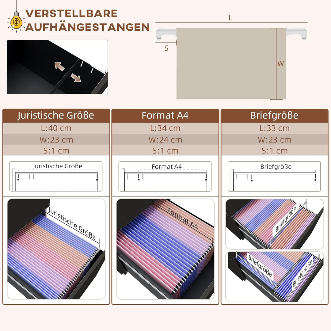 Vinsetto Rollcontainer Aktenschrank mit 3 Schubladen, Büroschrank mit Schloss, Druckschrank, Untersc