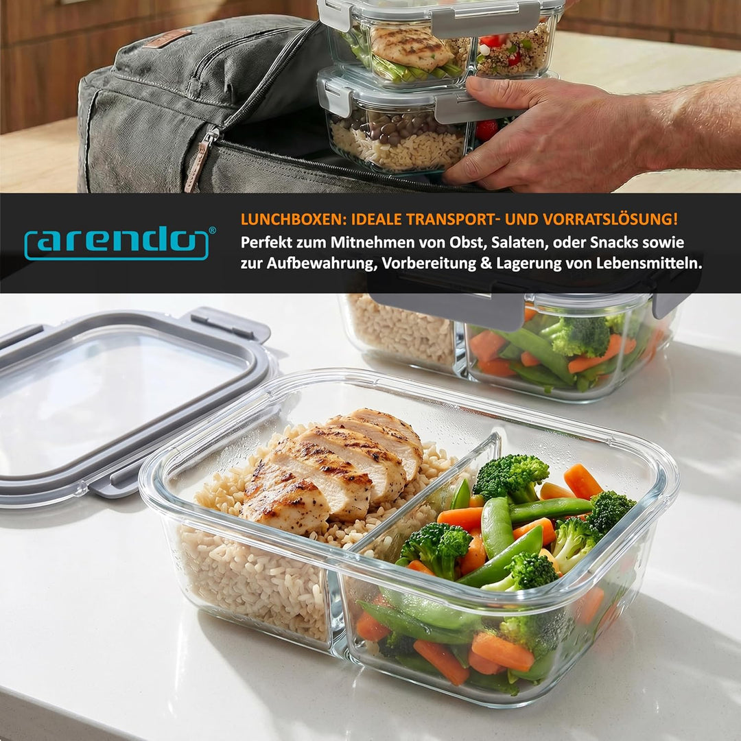 Arendo - Lunchboxen Glas - 2 Fächer - Frischhaltedosen für Lebensmittel mit Deckel luftdicht - 2er S
